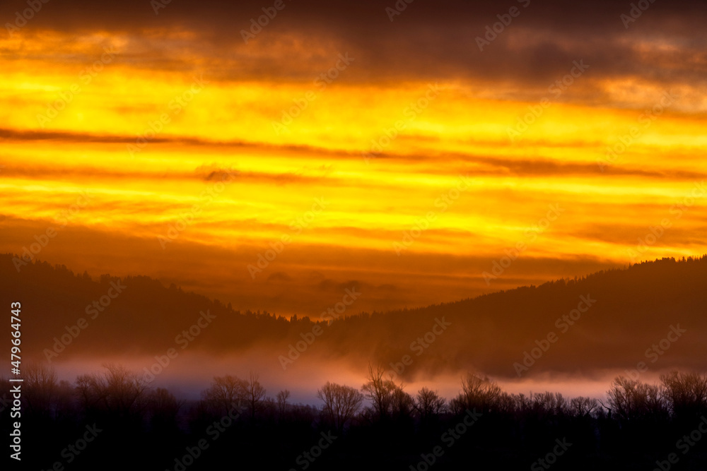 Sunset, Sunrise in The Mountains, fog, foggy, mist, trees