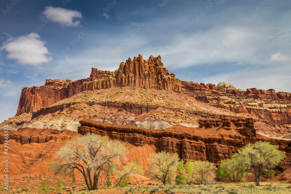 The Castle, a rock formation just above the visitor center in Fruita, Capitol Reef National Park, Utah, USA