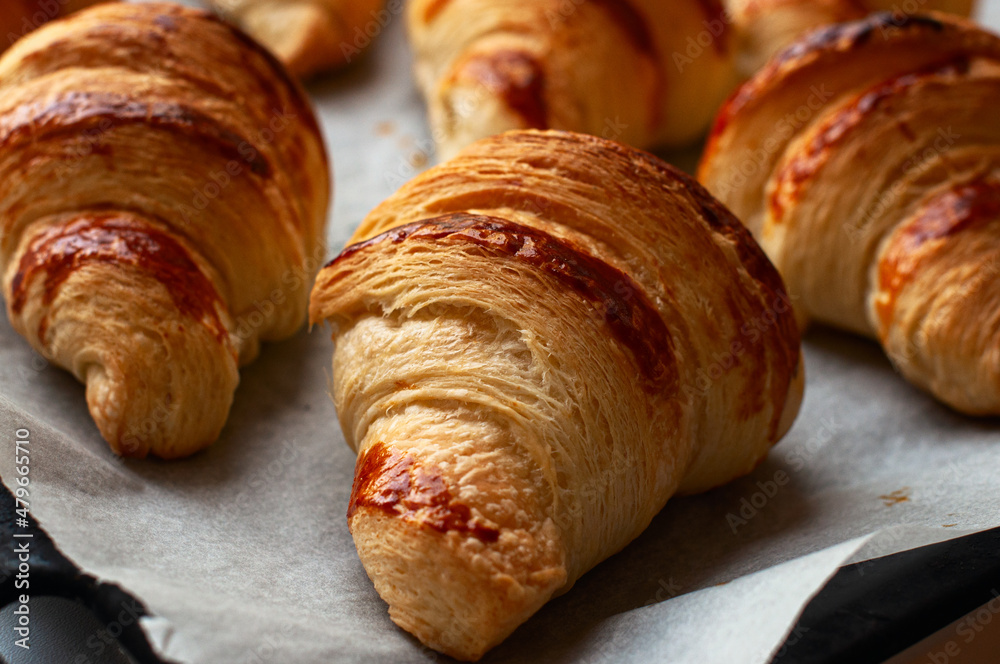 Freshly baked croissants on a parchment paper. Ready to eat puff pastry baking.