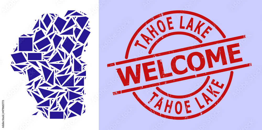 Simple geometric mosaic map of Tahoe Lake with scratched stamp seal. Red stamp seal includes Welcome caption inside circle and lines template. Simple geometric mosaic map of Tahoe Lake with scratched stamp seal. Red stamp seal includes Welcome caption inside circle and lines template.