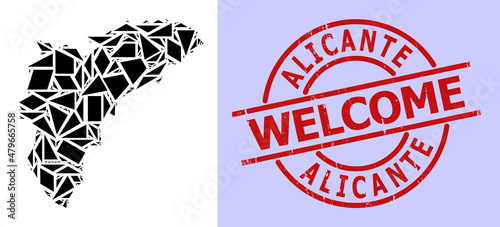 Simple geometric mosaic map of Alicante Province with dirty stamp seal. Red stamp seal contains Welcome tag inside round and lines form.