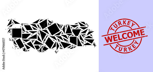 Simple geometric mosaic map of Turkey with scratched stamp imitation. Red stamp contains Welcome title inside round and lines form.