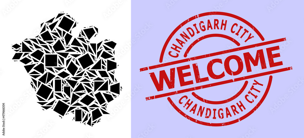Simple geometric mosaic map of Chandigarh City with corroded stamp seal. Red stamp seal includes Welcome tag inside circle and lines template. Simple geometric mosaic map of Chandigarh City with corroded stamp seal. Red stamp seal includes Welcome tag inside circle and lines template.