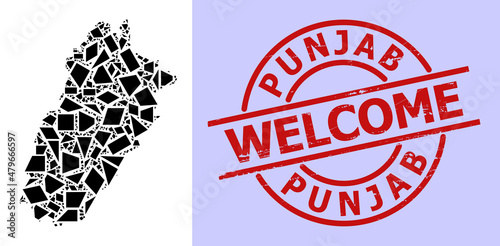 Simple geometric mosaic map of Punjab Province with unclean seal. Red seal contains Welcome tag inside round and lines form.