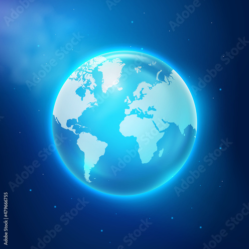 Vector World globe in space. Planet earth with modern technological dark blue background. Global map. Earth day illustration © Angela Ksen