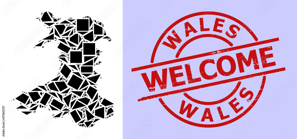 Simple geometric mosaic map of Wales with rubber stamp seal. Red seal has Welcome title inside circle and lines shape. Vector mosaic map of Wales collage filled with random triangles, Simple geometric mosaic map of Wales with rubber stamp seal. Red seal has Welcome title inside circle and lines shape. Vector mosaic map of Wales collage filled with random triangles,