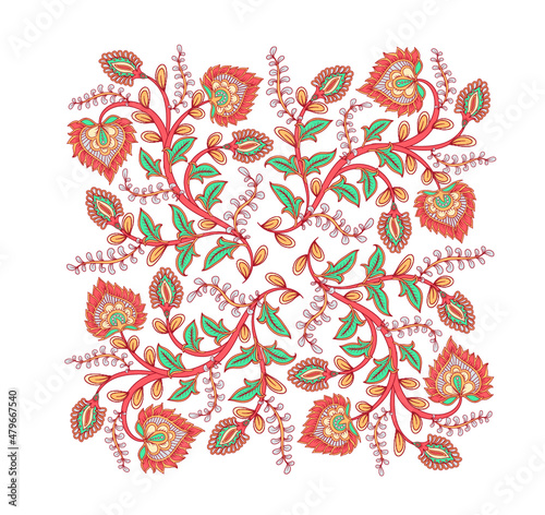 Square design for shawls, napkins, pillowcases, tablecloths. Oriental ornament in the style of Paisley. Indian style. Dark Background. 