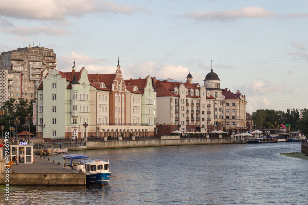 Authentic buildings near Fishing Village on the banks of Pregolya River, Kaliningrad, Russia