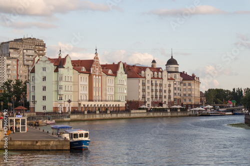 Authentic buildings near Fishing Village on the banks of Pregolya River, Kaliningrad, Russia