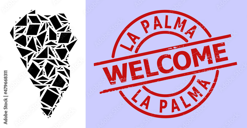 Simple geometric mosaic map of La Palma Island with rubber badge. Red stamp has Welcome text inside round and lines shape. Simple geometric mosaic map of La Palma Island with rubber badge. Red stamp has Welcome text inside round and lines shape.