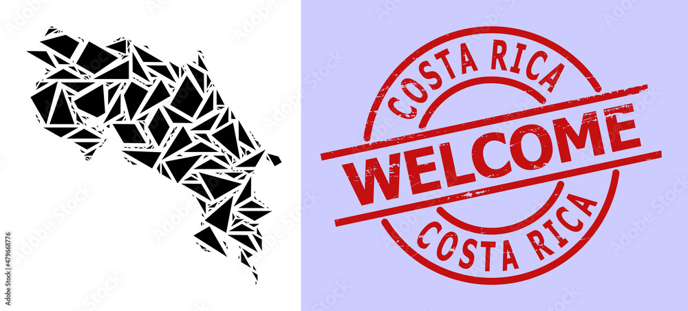 Simple geometric mosaic map of Costa Rica with corroded seal. Red seal has Welcome text inside round and lines form. Vector mosaic map of Costa Rica collage is combined with chaotic triangles, Simple geometric mosaic map of Costa Rica with corroded seal. Red seal has Welcome text inside round and lines form. Vector mosaic map of Costa Rica collage is combined with chaotic triangles,
