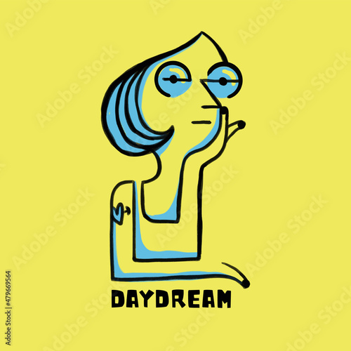 Daydream - Artistic poster. Illustration of a tattooed girl while she is thinking or daydreaming. Vector format.