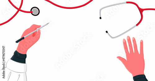 Vector illustration of a doctor s office workplace. Table, top view, curved phonendoscope, writing hands of doctor are depicted. Empty space for text, title. Concept design websites, banners, etc.
