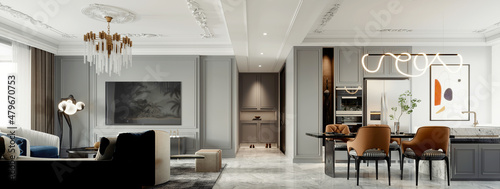 3d render of luxury home living and dining room