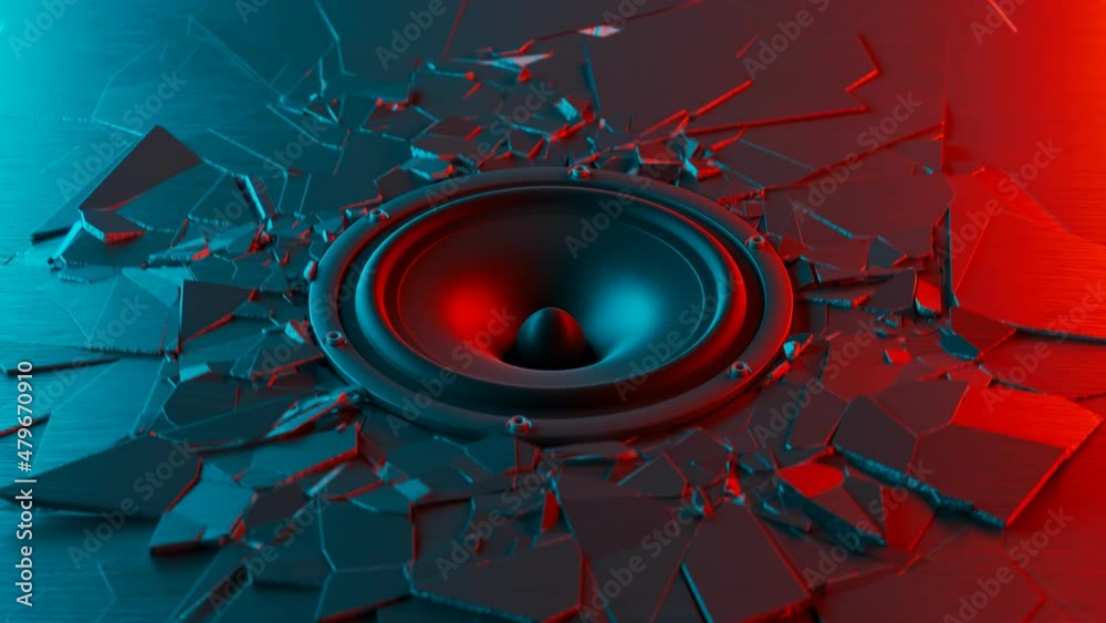 Black speaker making devastating loud sound force destruction. Power of music 4K