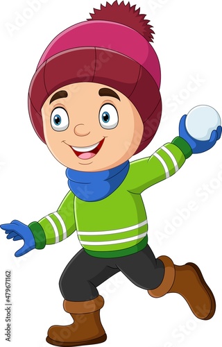 Cartoon little boy in winter clothes throwing snowballs