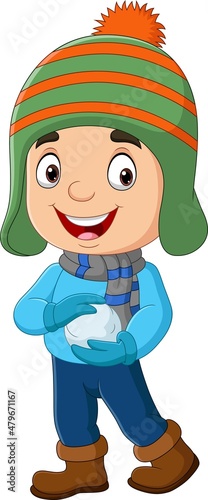 Cartoon little boy in winter clothes holding snowballs