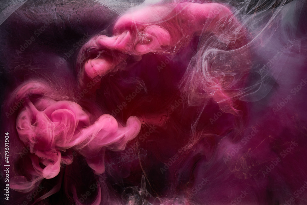 Pink smoke on black ink background, colorful fog, abstract swirling touch ocean sea, acrylic paint pigment underwater Pink smoke on black ink background, colorful fog, abstract swirling touch ocean sea, acrylic paint pigment underwater