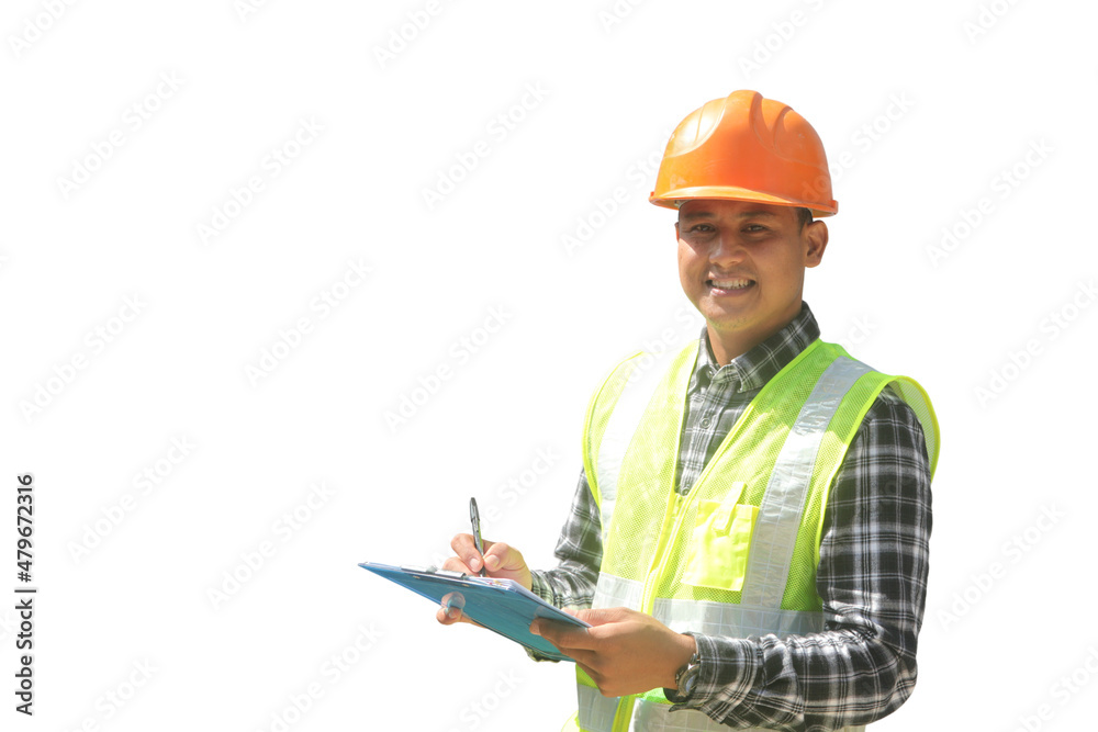 Fototapeta premium portrait of foreman construction worker on location new building site with crane in the background