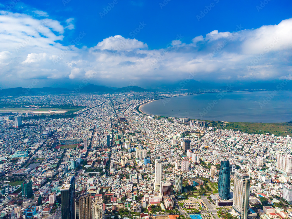 Aerial view of Da Nang city which is a very famous destination for tourists.