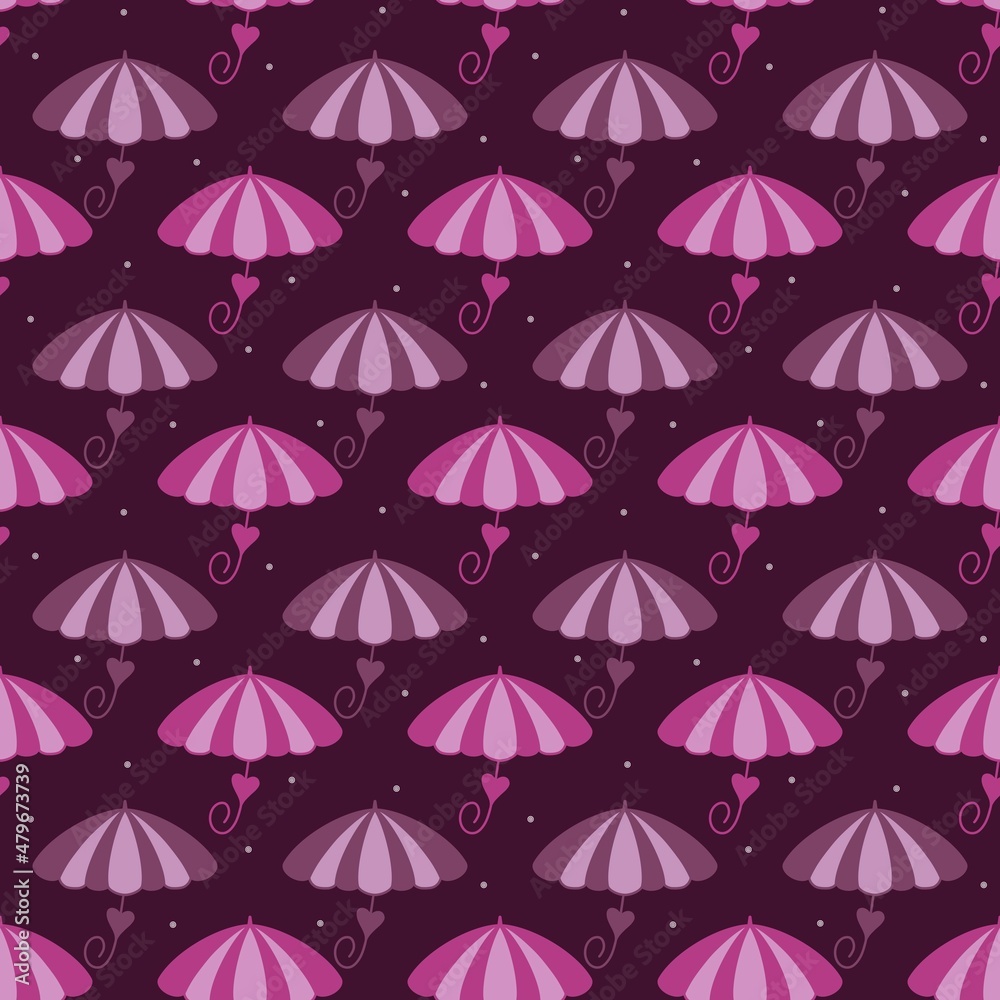 Cartoon colorful pattern with umbrellas on burgundy background for textile design.