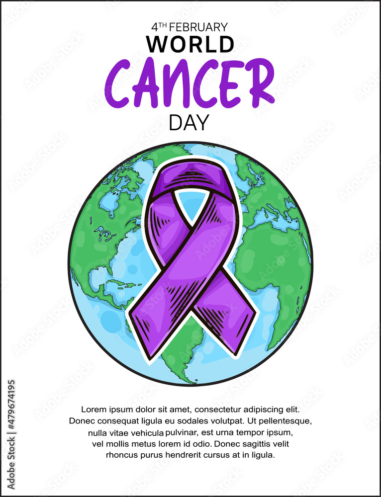 World Cancer Day Illustration Vector Design with purple ribbon and world map for Campaign World Cancer Day Illustration Vector Design with purple ribbon and world map for Campaign