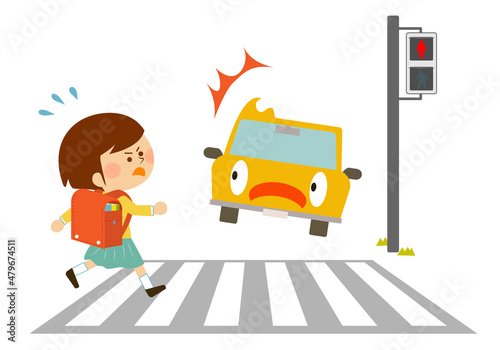 交通事故　道路に飛び出し自動車とぶつかりそうになる女の子