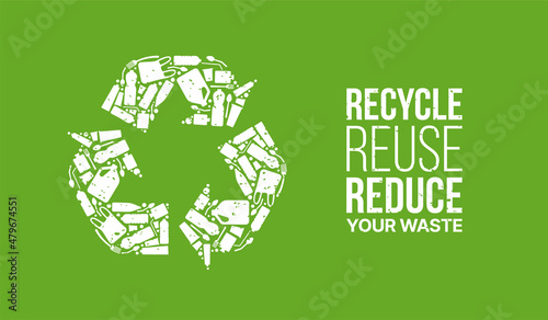 Recycle icon sign composed by plastic waste isolated on green background, Concept of recycle reuse reduce for ecological, zero waste and sustainability