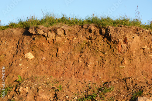 Texture layers of earth. Cross section of green grass and underground soil layers beneath. Natural cut of soil with different layers