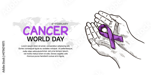 World Cancer Day Vector Design with hand holding ribbon illustration for campaign and poster