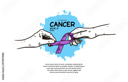 World Cancer Day Vector Design with hand giving ribbon illustration for campaign and poster