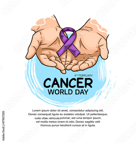 World Cancer Day Vector Design with hand holding ribbon illustration for campaign and poster