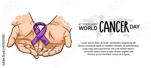 World Cancer Day Vector Design with hand holding ribbon illustration for campaign and poster