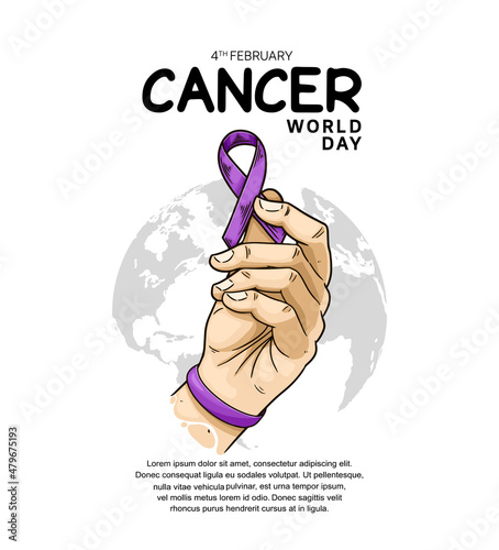 World Cancer Day Vector Design with hand holding ribbon illustration for campaign and poster