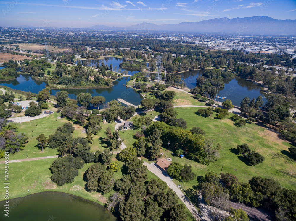 Sunny aerial view of Whittier Narrows Recreation