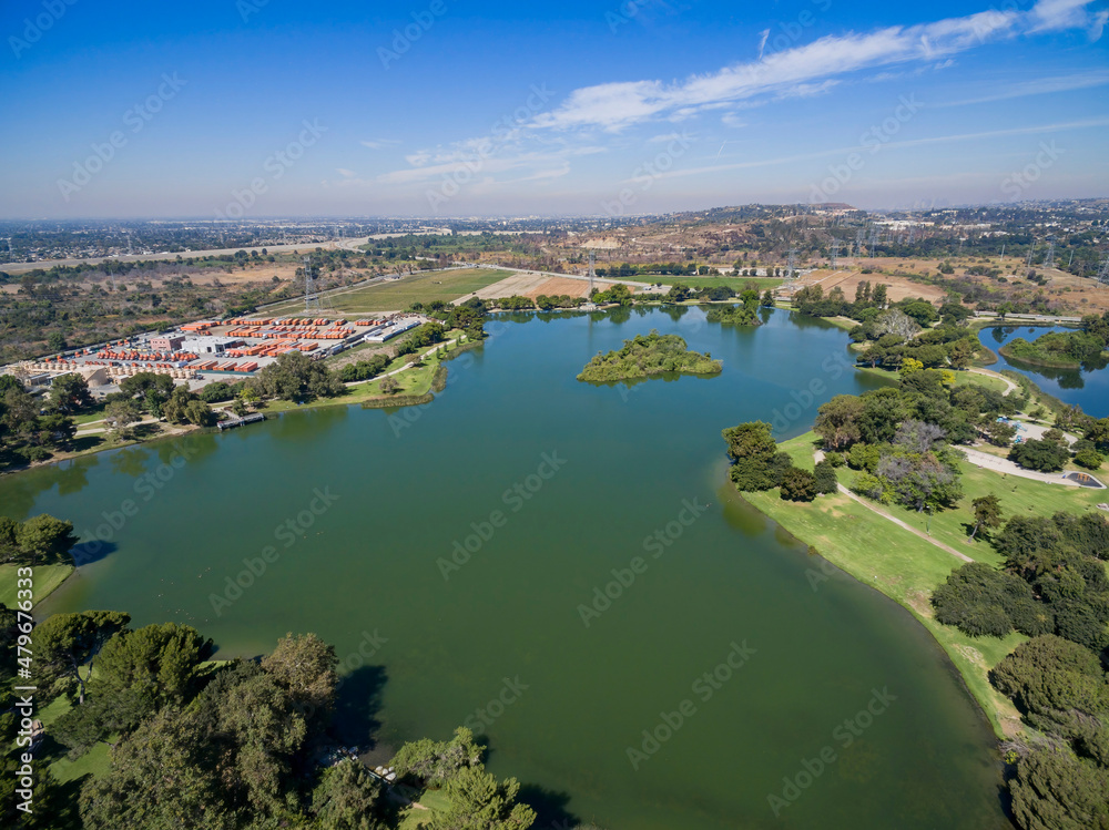 Sunny aerial view of Whittier Narrows Recreation
