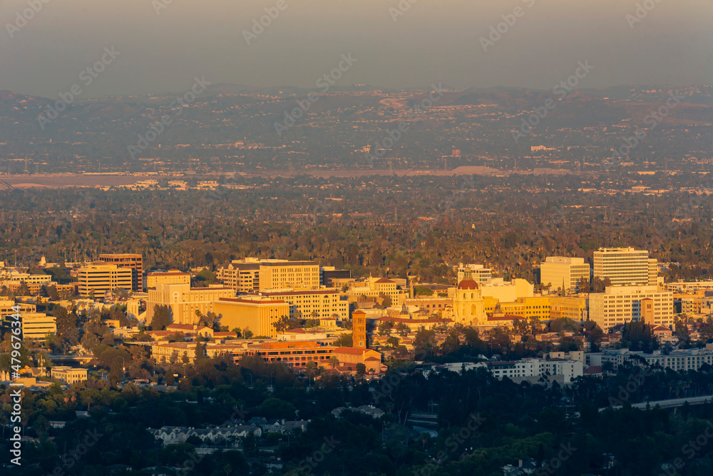 Sunset high angle view of the beautiful Pasadena City hall and Pasadena downtown