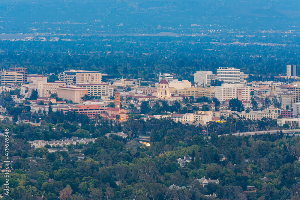 Twilight high angle view of the beautiful Pasadena City hall and Pasadena downtown