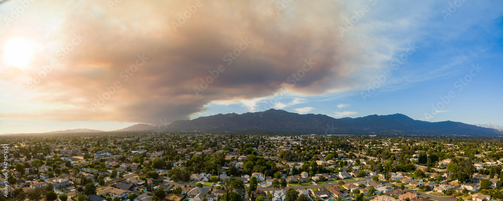 Sunny aerial view of big smoke cause by wildfire over Arcadia area