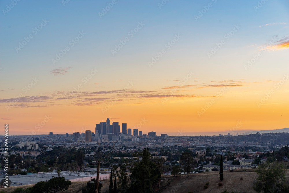 Sunset view of the Los Angeles downtown cityscape