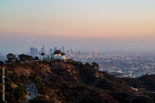 Sunset of the Los Angeles downtown Cityscape with Griffin Observatory