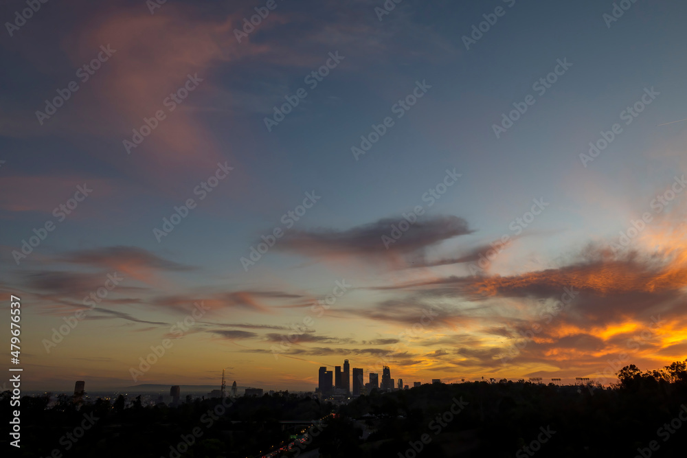 Sunset of the Los Angeles downtown skyline