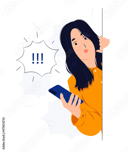 Woman holding phone and peeking behind the wall while startled, shocked, Surprised, curiosity, listening, discovery and Pay attention concept illustration