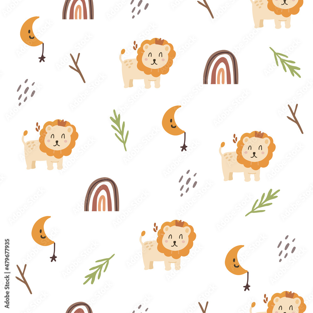 Baby Lion and rainbow seamless pattern for kids. Animal pattern background for child. Baby Lion and rainbow seamless pattern for kids. Animal pattern background for child.