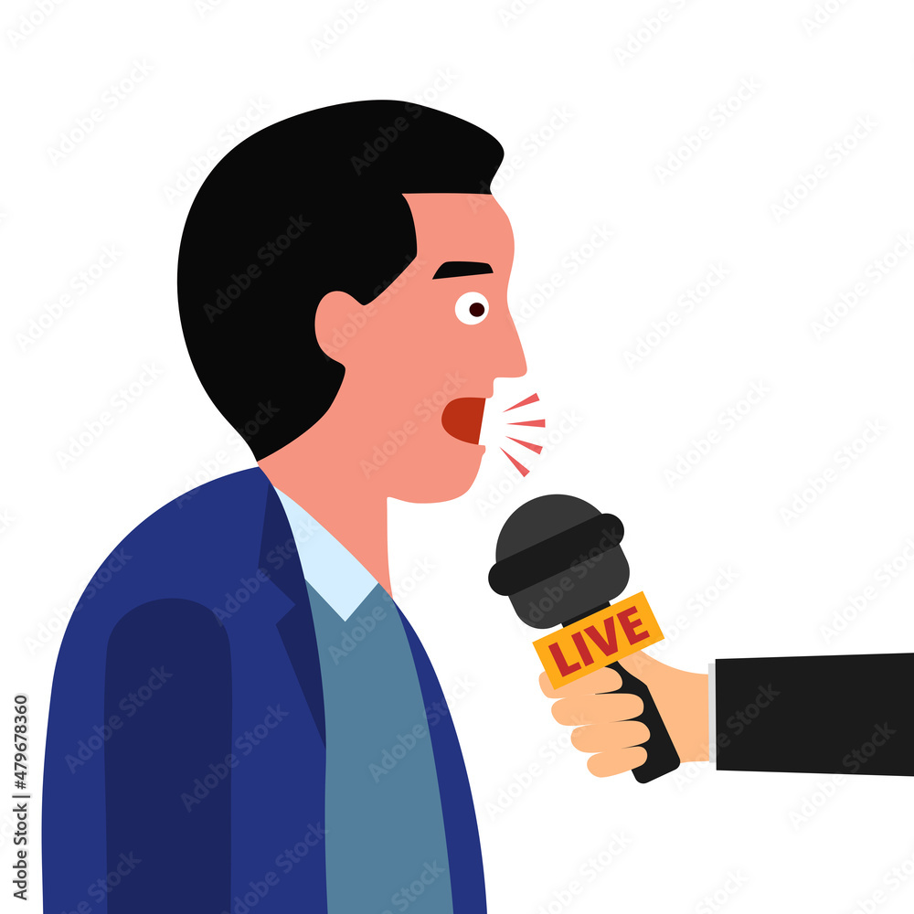 Online press conference. Man with TV media interview in flat design on white background. News reporter holding microphone and ask question to businessman. Online press conference. Man with TV media interview in flat design on white background. News reporter holding microphone and ask question to businessman.