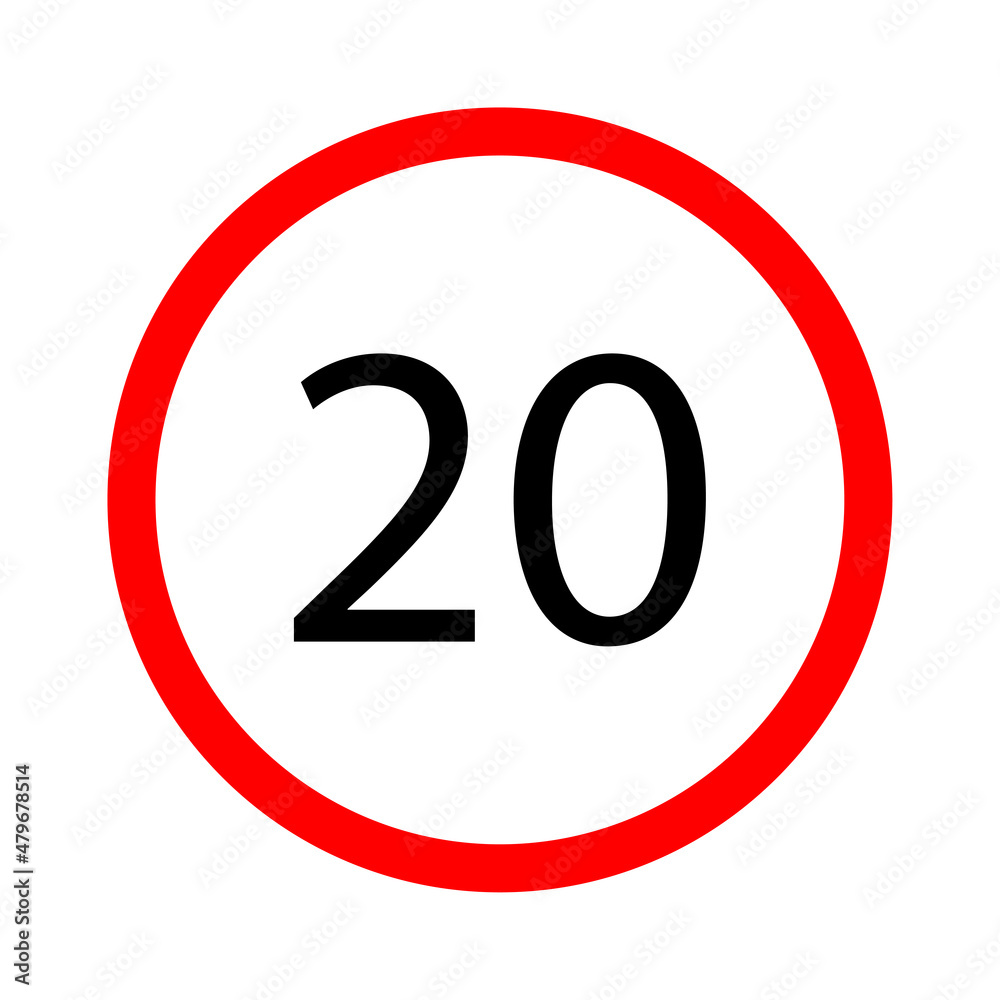 20 kilometers in hour speed limit. Restriction road sign. Information icon. Red circle. Vector illustration. Stock image. 20 kilometers in hour speed limit. Restriction road sign. Information icon. Red circle. Vector illustration. Stock image.