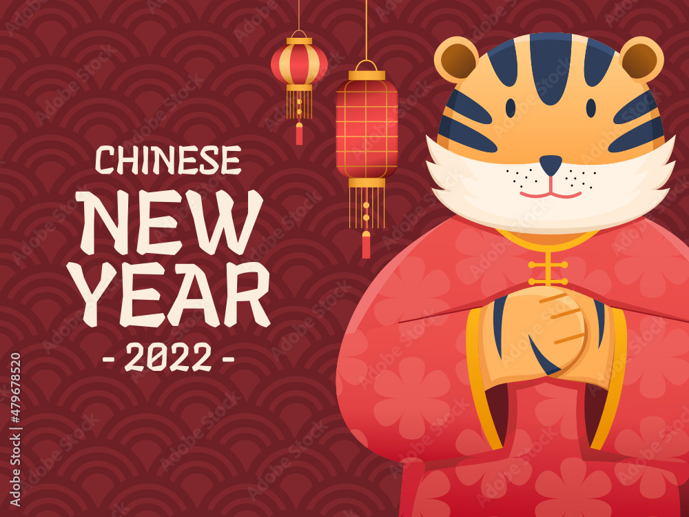 Happy Chinese New Year or Lunar New Year Illustration with Cute Tiger Cartoon Zodiac. Year of Tiger 2022. Can be use for greeting card, invitation, postcard, banner, poster, web, print, animation, etc