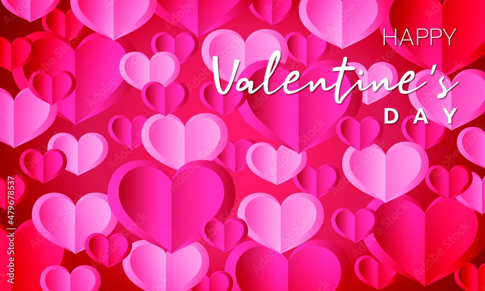 Happy Valentine's day dark pink and light pink paper hearts interspersed with reddish-pink backgrounds.