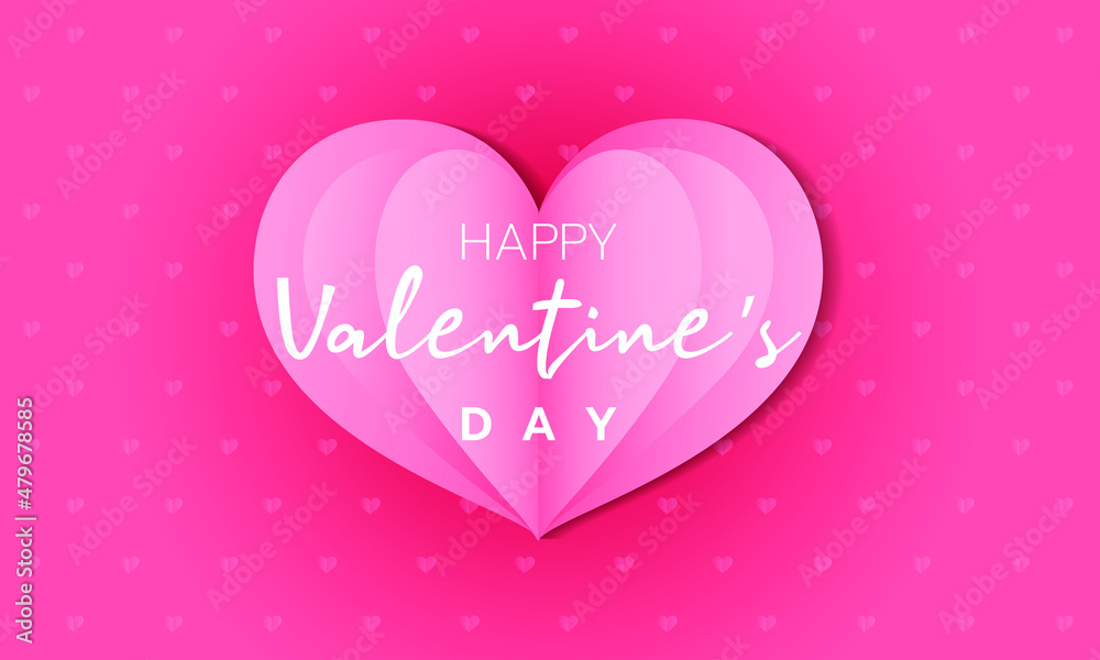 Happy valentines day big pink paper cut hearts have many tiny, thin pink hearts on the sides, on a pink background.