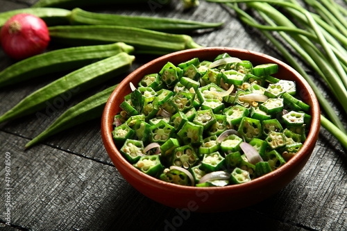 Delicious vegan curry dish- stir fried organic okra with herbs and spices.